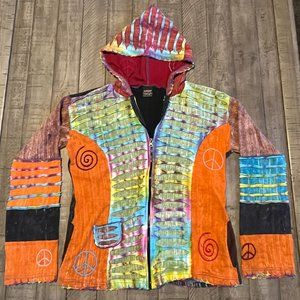SHOP THERAPY Nepal Boho Colorful Embroidered Patchwork Zippered Hoodie L/XL
